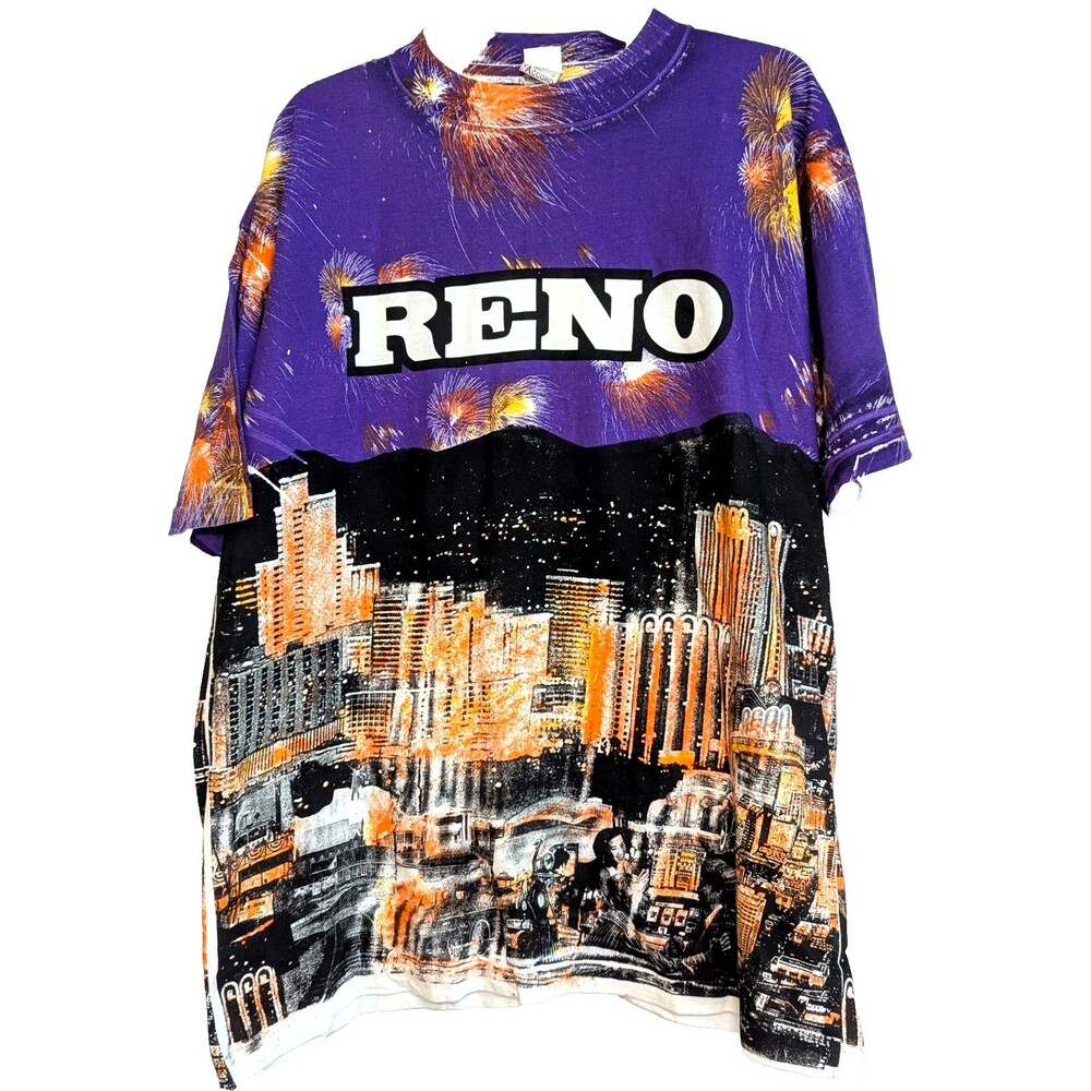 Vintage 90s Reno Nevada All Over Print Men's T Shirt XL AOP Fireworks Skyline